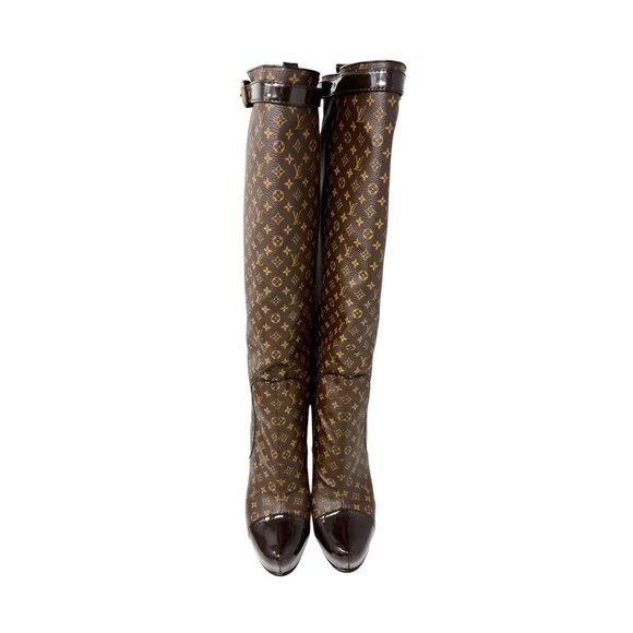 LOUIS VUITTON Vintage LV Monogram Long Boots #37.5 Heels Brown Black [106224] - Picture 5 of 13